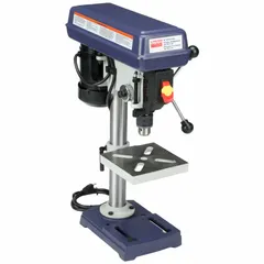 This benchtop drill press is designed for drilling precise holes in wood. It features a 1/3 hp motor with a fixed speed range of 750 to 3,200 RPM, an 8-inch swing, and a 4-inch stroke. Powered by 120V AC, it is suitable for light to medium woodworking tasks on small to medium workpieces.