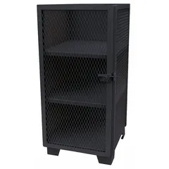 This JAMCO ventilated shelf cabinet is suited for storage in workshops, warehouses, and manufacturing facilities. It features a black ventilated body, three fixed shelves, a swing handle with padlock hasp for security, and legs for base support. The frame is assembled. Dimensions: 30 in x 30 in x 54 in.