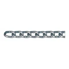 This compact welded twist-link chain is made of carbon steel with a working load limit of 310 lb. The twist-link design helps prevent kinking during use. Suitable for light-duty lifting, securing, and tensioning applications in industrial settings.