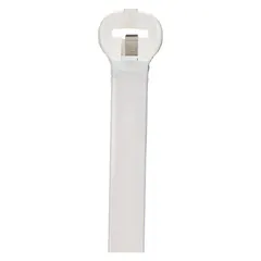 Natural nylon cable tie with a nominal length of 13 1/2 inches, width of 0.27 inches, and maximum bundle diameter of 4 inches. Suitable for indoor bundling and securing wires and cables in industrial, electrical, and data-center applications. Pack of 50.
