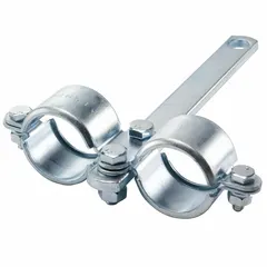 Steel double clamp (yoke and brace) for spacing breakaway hose couplers. Designed for use with 4200 Series couplers. Used in fluid-handling systems to maintain alignment and prevent accidental disconnection.