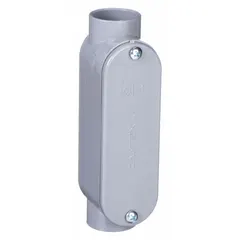 PVC C-type straight conduit outlet body with 3/4 in hub size and 6.5 cu in body capacity. Includes gasket, lid, and screws. Used as a pull point or junction in PVC conduit runs for wire pulling, splicing, or direction changes.