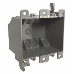 This RACO cut-in electrical box is made of nonmetallic PVC and has a square shape. It is designed for 2 gangs with a box depth of 2-3/4 inches. The flush bracket style allows for installation in existing drywall, and the NMSC clamp secures nonmetallic sheathed cable. Typical applications include mounting switches or outlets in retrofit residential or light commercial settings.