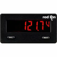 Voltage meter from the CUB5 series with a 99,999 display span (min -19,999) and 0.1% accuracy. Features a green/red LCD screen, RS-232 interface, and screw clamp terminals. NEMA 4X rated with included panel gasket. Suitable for industrial panel applications requiring precise voltage monitoring.