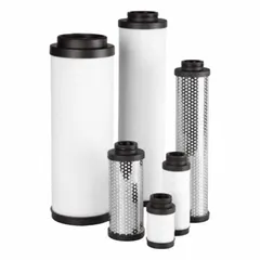 Replacement filter element for compressed air and gas systems. Borosilicate glass construction with 1 micron rating and 95% filter efficiency. Designed for high-temperature service to coalesce and remove oil aerosols and fine particulates, protecting downstream equipment.