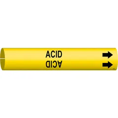 This snap-on pipe marker identifies pipes carrying acid. It features a yellow background with black legend and directional arrows. Designed for pipe outer diameters from 3/4 to 1-3/8 inches, it enables quick installation without tools. Suitable for use in industrial facilities to indicate pipe contents and flow direction.