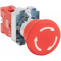 This mushroom-head push button features a non-metallic actuator and a maintained action, remaining depressed until manually reset. It is designed for 22 mm panel mounting and includes one normally closed (1NC) contact. The pressure plate terminal connection simplifies wiring. Typical applications include emergency stop functions on industrial machinery and control panels.
