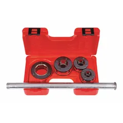This ratcheting pipe threading kit includes four die heads and four dies for cutting NPT threads on pipes from 1/2 in to 1-1/4 in. The Super Cut technology enables efficient manual threading. Suitable for on-site pipe threading in plumbing, HVAC, and industrial maintenance applications.