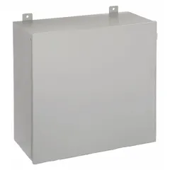 This WIEGMANN steel enclosure measures 24 x 24 x 7 inches and is rated NEMA 12/13 for protection against dust, dirt, oil, and water. It features a solid hinged cover secured with screws and has no knockouts. Suitable for indoor industrial applications such as housing electrical controls, terminals, and instruments.