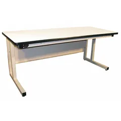 This open-base workstation features a laminate top measuring 72 inches by 30 inches in a beige finish. With an overall load capacity of 850 lb, it is suited for assembly, inspection, and light manufacturing tasks in industrial environments.