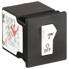 This rocker-style miniature circuit breaker is rated 7.5 A at 250V AC or 32V DC. It features snap-in mounting for front-panel installation, a 1.9 in depth, and 1/4 in tab terminals. Suitable for overcurrent protection in control panels, HVAC equipment, and power distribution units.