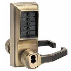 Brass mechanical push button lockset with key override for Best and Equivalents (6 or 7 pin) core (not included). Suitable for keyless access control on commercial and institutional doors where code-based entry is required.