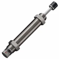 Steel industrial shock absorber with 8.9 N force rating. Used to decelerate moving loads and absorb kinetic energy in automation, packaging, and material handling equipment. Protects machinery from impact damage and reduces noise in high-cycle applications
