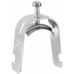 Steel conduit clamp with saddle, electroplated finish, for 1-1/4 in trade size conduit. Accommodates cable range 1.000 to 1.510 in, with 1-1/4 in thread for 1-5/8 in strut channels. Used to secure conduit in industrial electrical installations.