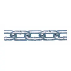 This PEERLESS Grade-30 load-securing chain is made of carbon steel with a galvanized finish. It is a straight chain with a 1/2 in trade size, suitable for tie-downs, towing, and general industrial load restraint applications.