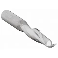 Solid carbide spiral O-flute upcut router bit with 2 flutes, 20 mm cutter diameter, and 65 mm length of cut. Designed for routing plastics and foam materials, providing efficient chip evacuation and clean cuts.