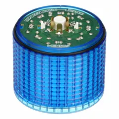 This flashing light module features a blue lens and operates on 24V AC/DC. With a 56 mm overall diameter, it is designed for use in modular tower light systems for visual status indication on industrial machinery, conveyors, and process equipment.