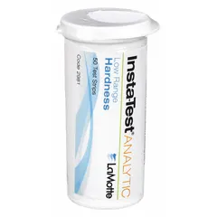 Single-parameter test strips for measuring water hardness in the range of 0 to 180 ppm. Each strip is 3 inches long, and the pack contains 50 tests. Suitable for quick checks of calcium and magnesium levels in water treatment, boiler feedwater, and cooling tower applications.
