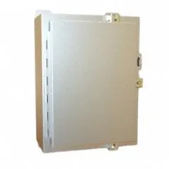 This stainless steel enclosure measures 36 x 24 x 8 inches and includes an inner panel. It is rated NEMA 12/13/3R/4/4X for protection against dust, water, and corrosion. Closure is provided by clamps; knockouts are not included. Typical applications include housing electrical controls and instrumentation in industrial environments requiring corrosion resistance.