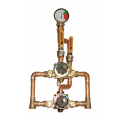 This thermostatic mixing valve blends hot and cold water to a set outlet temperature for point-of-use applications such as showers and sinks. It features a 1 in outlet connection and includes a color coded dial for temperature adjustment.