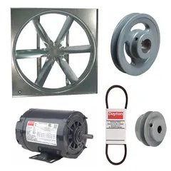 Unassembled belt-drive panel supply fan with a 24 in blade and open dripproof motor. Delivers 5,292 cfm at 230/460V AC. Includes drive package for field installation. Suitable for industrial ventilation, make-up air, or exhaust applications requiring high-volume airflow.