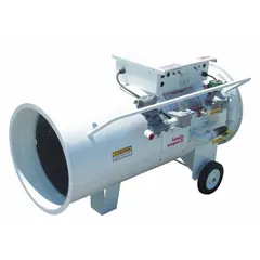 Direct-fired portable torpedo heater with 750,000 BtuH heating capacity, compatible with natural gas or propane. Includes thermostat for temperature control. Dimensions: 30 in H x 26 in W x 48-1/2 in D. Used for temporary heating in construction sites, warehouses, and industrial facilities.