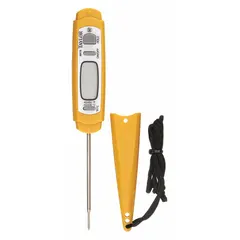 This waterproof stem thermometer features a 1 1/2 in LCD dial and a 6 in overall length, encased in plastic. It is NSF Certified for food safety monitoring in commercial kitchens and food service settings, suitable for checking temperatures of liquids, meats, and other foods.