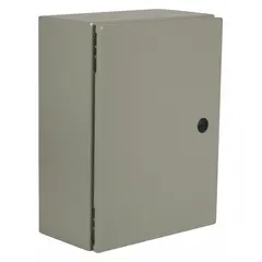 This WIEGMANN steel enclosure measures 24 x 16 x 6 inches and is rated NEMA 12/13/3R/4, providing protection against dust, falling dirt, rain, and hose-directed water. It features a solid hinged cover secured by a 1/4-turn latch and does not include knockouts. Suitable for housing electrical controls and instrumentation in industrial washdown environments.