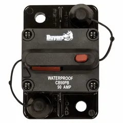 Surface mount hi-amp circuit breaker from the CB series, rated 42V DC with an interrupt rating of 90 A at 42V DC. Features stud terminals for secure high-current connections. Used in automotive and heavy equipment electrical systems to protect wiring and components from overloads and short circuits.