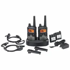 This handheld two-way radio operates on GMRS frequencies with 36 channels and 4 watts of power. It features VOX capability for hands-free use and requires an FCC license. Suitable for outdoor recreation, job-site coordination, and other short-range voice communication needs where cellular service is unavailable.