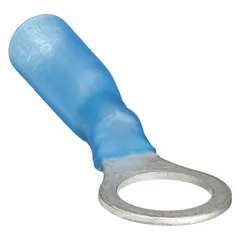 This ring terminal features heat shrink insulation for secure, weather-resistant connections. It accepts 16 AWG to 14 AWG wire and fits a 5/16 in stud. After installation, the heat shrink sleeve seals the connection, providing insulation and strain relief. Suitable for terminating wires to studs in electrical panels and machinery.