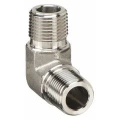 This 90° metal pipe elbow is made from 316 stainless steel and has a 1/2 in x 1/2 in pipe size. It is rated for a maximum operating pressure of 5,800 psi and has a length of 2 15/16 in. Used in extreme pressure instrumentation systems for connecting pipes in confined spaces.