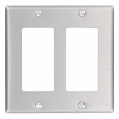 Aluminum wall plate for decorator-rocker switches. 2-gang standard size. Used to cover and protect switches in residential or commercial installations.
