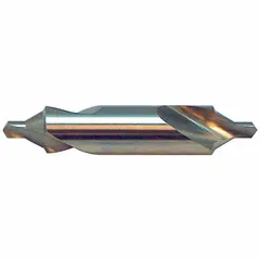 This double-end bell-tip center drill is made of AlTiN coated high speed steel. It has a #11 size, 60° angle, and 1 1/4 in overall length. Used in machining to create precise center holes for supporting workpieces between lathe centers.