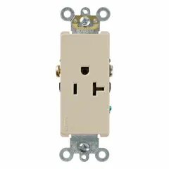 Single 5-20 general-purpose receptacle rated 125V AC, 20 A, 2-pole/3-wire with grounding. Ivory finish. For flush or surface mounting in standard boxes. Used for powering equipment and tools requiring a 20 A, 125V connection in commercial and industrial settings.
