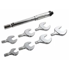 This interchangeable head torque wrench kit provides torque settings from 5 to 80 ft-lb and 60 to 960 in-lb, with 5 ft-lb and 60 in-lb increments. It is used for precise tightening of fasteners in assembly, maintenance, and repair applications.