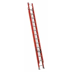 This 28 ft fiberglass extension ladder features a fixed fly and a rope and pulley system. With a 300 lb load capacity and non-conductive construction, it is suited for industrial access tasks where electrical safety is a concern. The orange finish provides high visibility on job sites.