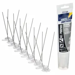 These bird spikes feature a plastic base and stainless steel spikes, designed for narrow ledges. The 10 ft length provides coverage for ledges, signs, and architectural features to deter pigeons from landing and roosting.