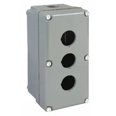 Aluminum enclosure for mounting 30mm push buttons, selector switches, or pilot lights. Provides three operator holes and meets NEMA 1, 12, 13, 3, 4, and 6 ratings for protection against dust, water, and corrosion in indoor or outdoor industrial control stations.