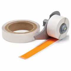 This continuous floor marking tape is made of orange gloss polyester with a rubber adhesive, measuring 1 inch by 50 feet. It is designed for use with the BMP71 printer series and requires M7-R4400-WT ribbon. Typical applications include creating aisle markings, hazard zones, and safety boundaries in industrial facilities.