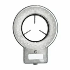 This LED ring light provides shadow-free illumination for microscopes. It mounts via thumbscrew and is suited for detailed examination of specimens and small parts in laboratory or inspection settings.