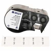 Precut label roll cartridge for wire identification. White matte vinyl material resists smudging and abrasion. Designed for wire gauges 20 AWG to 8 AWG. Compatible with M510 printer series; requires R4300 ribbon. Typical use includes permanent labeling of wires in control panels and electrical installations