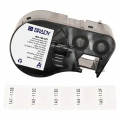 Precut label roll cartridge for wire identification. White matte vinyl material resists smudging and abrasion. Designed for wire gauges 20 AWG to 8 AWG. Compatible with M510 printer series; requires R4300 ribbon. Typical use includes permanent labeling of wires in control panels and electrical installations.