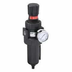 Parker 07E Series filter-regulator with zinc body and nitrile seals. Port size 1/2 in NPT, flow capacity 90 cfm, filtration 5 micron, maximum operating pressure 250 psi. Used to clean and regulate compressed air in pneumatic systems, removing particulates and maintaining consistent downstream pressure.