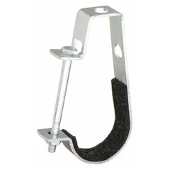 This J-style hanger supports 1 in pipe from 3/8 in threaded rod. Made of steel with a felt-lined finish, it provides a load capacity of 400 lb. The felt lining helps reduce vibration and protect pipe surfaces in HVAC, plumbing, and mechanical piping systems.