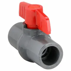 This PVC ball valve features a straight, one-piece body with socket x socket ends and a Tee handle. It is used for on/off flow control in low-pressure fluid handling systems where corrosion resistance is required. The quarter-turn operation allows simple manual shutoff in solvent-welded piping networks.