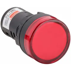This LED indicator pilot light is designed for 22 mm panel mounting holes and features a raised head for clear visibility. It uses an M3.5 screw electrical connection for secure wiring. Typical applications include signaling machine status, power-on, or alarm conditions on industrial control panels.