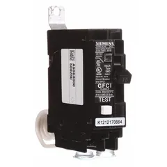 Single-pole, 15 A, 120V AC ground fault circuit interrupter (GFCI) miniature circuit breaker from the BFH Series. Bolt-on mounting for use with Siemens panelboards. Provides single-phase ground fault protection with a 22kA interrupting rating at 120V AC.