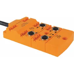 Passive sensor junction block with homerun cable for consolidating multiple sensor signals into a single cable run. Features 4 ports with 5-pole M12 female connectors, 11-core black PUR cable, 10 m length, PNP electrical design, and IP67 rating.