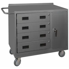 This mobile cabinet bench is constructed from steel with a gray finish and is fully assembled. It features drawers and shelves for organized storage, a side handle for mobility, and an overall load capacity of 1,200 lb. Suitable for industrial workshops, maintenance facilities, and assembly lines where a sturdy work surface and portable tool storage are required.